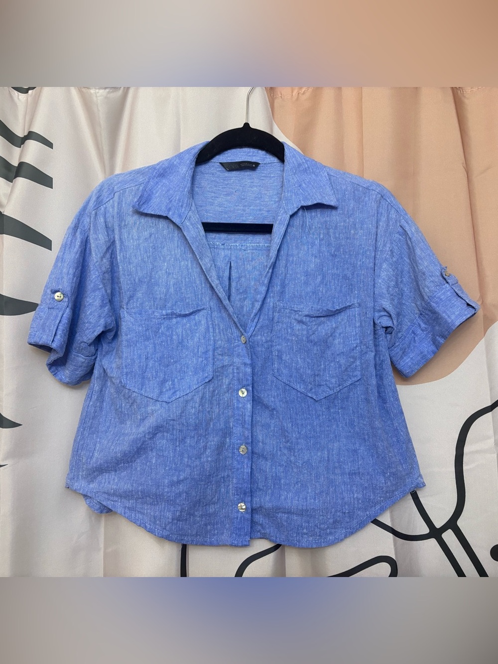 Linen-Blend Blue Short-Sleeve Button-Front Shirt